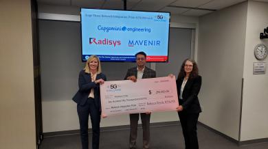 Amanda Toman, DoD OUSD(R&E) (left) and Rebecca Dorch, NTIA/ITS (right) with Stage Three Network Integration winner Ankur Sharma, Radisys (middle) 