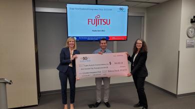 Amanda Toman, DoD OUSD(R&E) (left) and Rebecca Dorch, NTIA/ITS (right) with Stage Two Emulated Integration Prize winner Mohammad Qutishat, Fujitsu (middle)