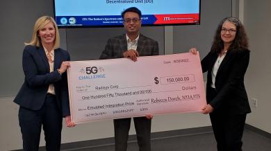 Amanda Toman, DoD OUSD(R&E) (left) and Rebecca Dorch, NTIA/ITS (right) with Stage Two Emulated Integration Prize winner Ankur Sharma, Radisys (middle)