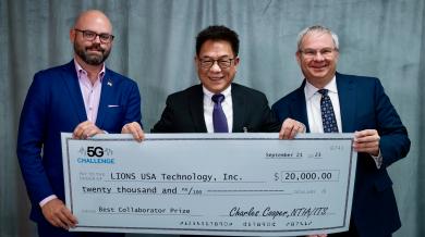 2023 5G Challenge Best Collaborator Prize winner:  LIONS USA Technology, Anju Day, Chief Executive Officer (center). Dr. Thomas Rondeau, FutureG & 5G, DoD (left); Charles Cooper, NTIA (right).