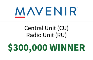 decorative card of Stage Two Winner, Mavenir, Emulated Integration, Central and Radio Unit category.